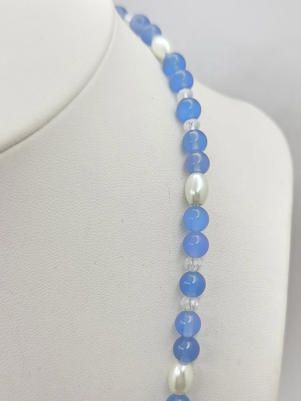Blue Glass Beaded Faux Pearl & Crystal Accent Strand Necklace - 19